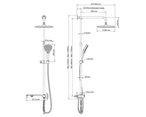 Technický nákres sprchového systému s rozmermi