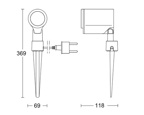 Technický výkres záhradného svietidla so zemným hrotom a rozmermi
