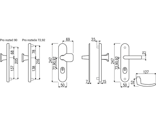 Technický výkres kľučky dverí s rozmermi