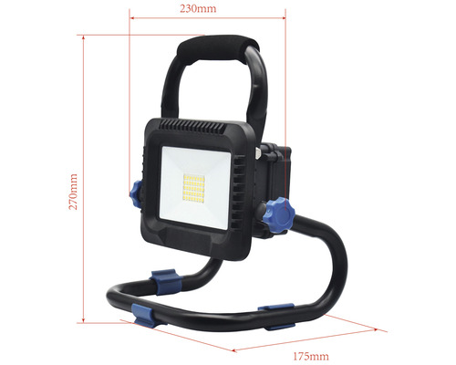 LED stavebný reflektor s rukoväťou a stojanom, rozmery 270 x 230 x 175 milimetrov