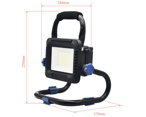 LED stavebný reflektor s rozmermi 270 x 230 x 175 milimetrov