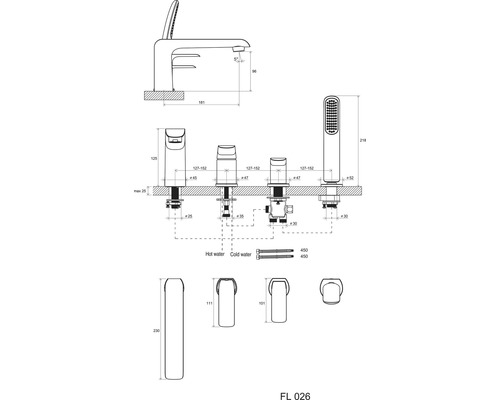 Technický nákres štvorotvorovej okrajovej batérie s ručnou sprchou a rozmermi
