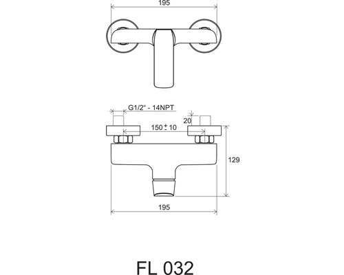 Technický nákres vodovodnej batérie s rozmermi