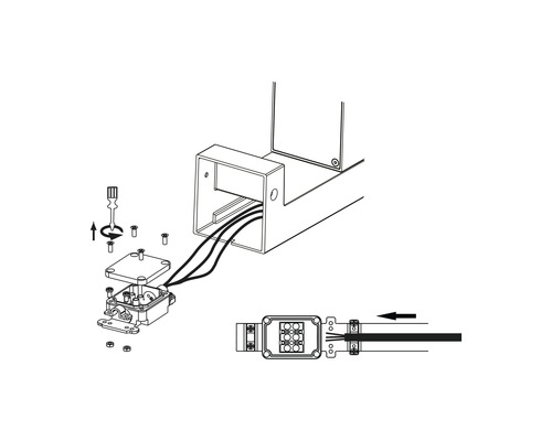 Ilustrácia elektroinštalačnej krabice so skrutkami a nástrojom na montáž