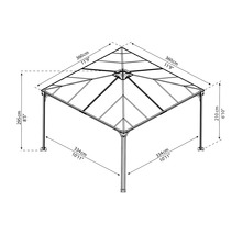 Rozmery altánku: výška 295 cm, šírka 334 cm, dĺžka 360 cm.