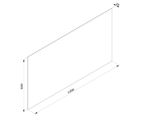 Technický nákres dosky s rozmermi 1200 x 650 x 25 mm