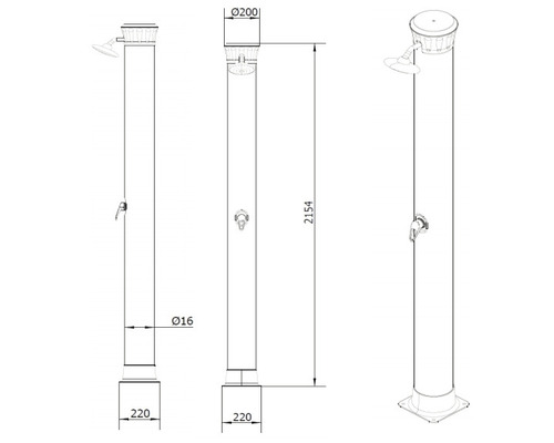 Technický nákres záhradnej sprchy s rozmermi.