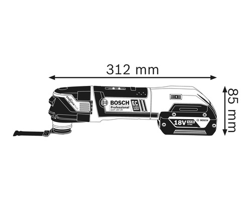 Obrázok rozmerov multifunkčného nástroja Bosch, dĺžka 312 mm, výška 85 mm