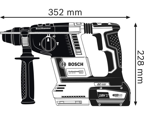 Vŕtacie kladivo Bosch s rozmermi: dĺžka 352 mm a výška 228 mm