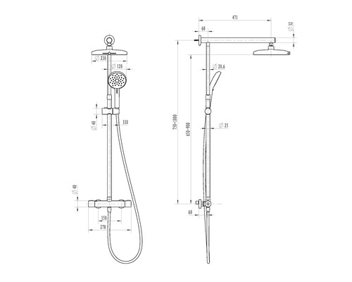 Technický nákres sprchovej armatúry s rozmermi.