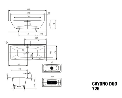 Technický nákres vane Cayono Duo 725 s rozmermi