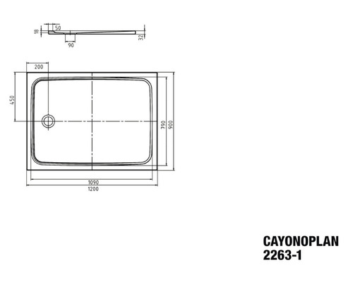 Technický nákres sprchovej vaničky s rozmermi