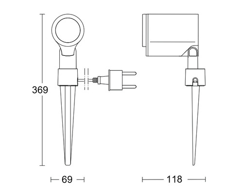 Technický nákres zemného bodového svietidla s rozmermi