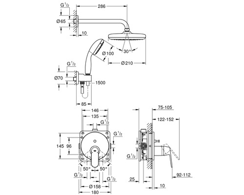 Technický výkres sprchového systému s rozmermi