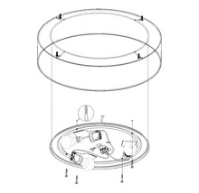 Rozkreslený nákres stropného svietidla s montážnym návodom a upevňovacím materiálom