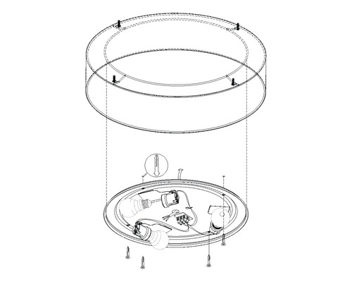 Rozkreslený nákres stropného svietidla s montážnym návodom a upevňovacím materiálom