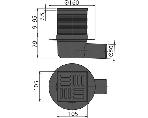 Technický nákres podlahovej vpuste s rozmermi