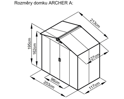 Technický nákres záhradného domčeka Archer A s rozmermi