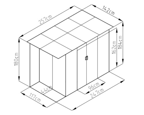Technický nákres záhradného domčeka s rozmermi.