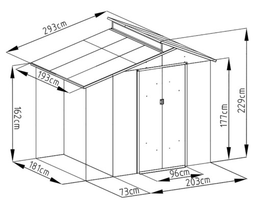 Technický nákres záhradného domčeka s rozmermi