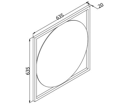 Technický nákres štvorcového zrkadla s rozmermi 635 x 635 mm a rámom s hrúbkou 20 mm.