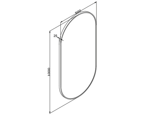 Technický nákres oválneho zrkadla s rozmermi 1000 x 500 milimetrov