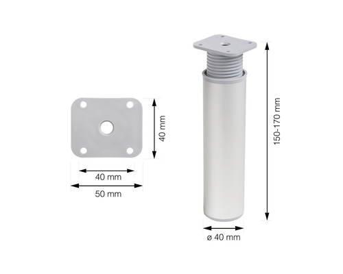Nastaviteľná noha nábytku s rozmermi 150 až 170 mm na výšku a 40 mm v priemere
