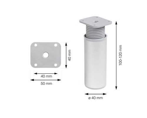 Nastaviteľná nábytková noha z kovu s rozmermi 100 až 120 mm výšky a 40 mm priemeru