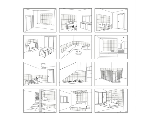 Čiernobiele ilustrácie rôznych interiérov