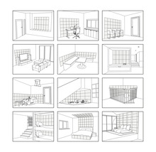 Čiernobiele kresby rôznych obytných priestorov, ako je obývacia izba, spálňa a kuchyňa