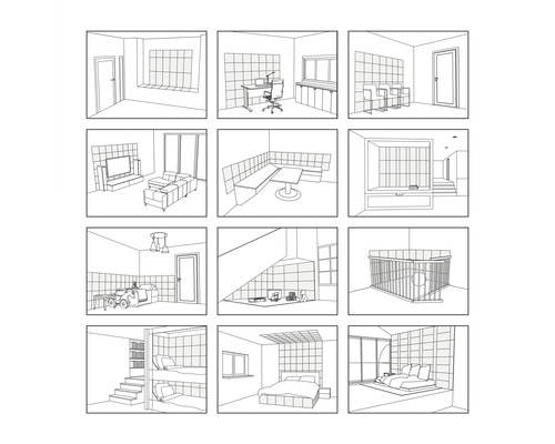 Ilustrácia rôznych pohľadov na miestnosti pre plánovanie domu