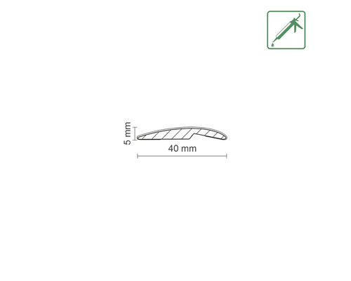 Profilová kresba tesniacej lišty s rozmermi 5 mm výška a 40 mm šírka, symbol pre montáž s tmelom