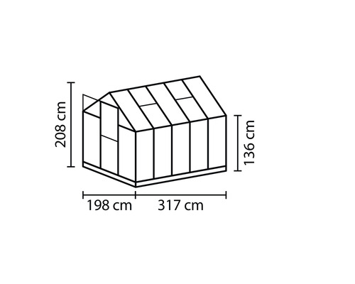 Technický nákres skleníka s rozmermi v centimetroch