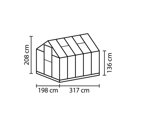 Obrázok skleníka s rozmermi: výška 208 cm, výška boku 136 cm, šírka 198 cm a hĺbka 317 cm.