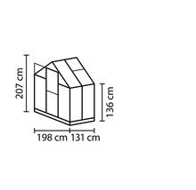 Technický nákres skleníka s rozmermi: výška 207 cm, šírka 198 cm a 131 cm, bočná výška 136 cm.