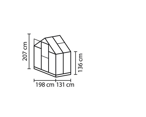 Technický nákres skleníka s rozmermi: výška 207 cm, šírka 198 cm a 131 cm, bočná výška 136 cm.