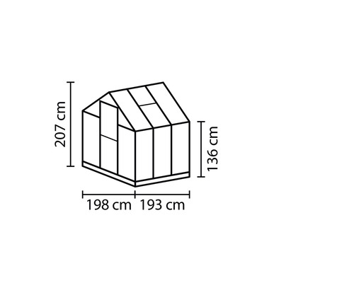 Technický nákres skleníka s rozmermi 207 cm výška, 198 cm a 193 cm šírka a 136 cm výška strany.