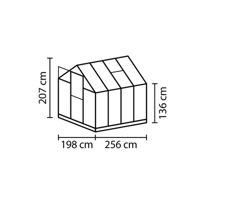 Nákres skleníka s rozmermi 207, 136, 198 a 256 centimetrov