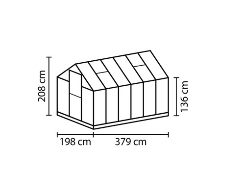 Rozmery skleníka: dĺžka 379 cm, šírka 198 cm a výška 208 cm