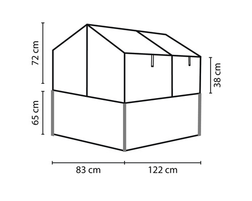 Rozmery vyvýšeného záhona s pareniskom: výška 72 cm, výška nadstavca 38 cm, výška záhona 65 cm, dĺžka 83 cm a 122 cm