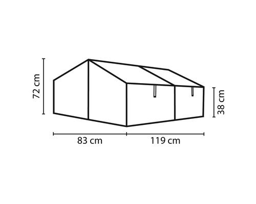 Obrázok s rozmermi pre skleník, 72 cm výška, 38 cm bočná výška, 83 cm šírka a 119 cm dĺžka.