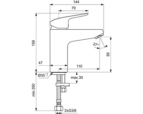 Technický nákres umývadlovej batérie s rozmermi