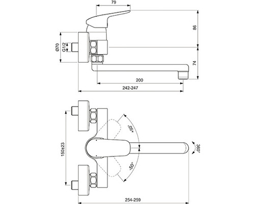 Technický nákres umývadlovej batérie s rozmermi