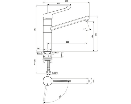 Technický nákres vodovodnej batérie s rozmermi