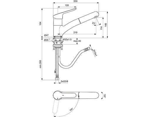 Technický nákres kuchynskej batérie s rozmermi