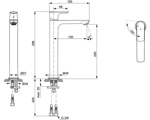 Technický nákres vodovodnej batérie s rozmermi