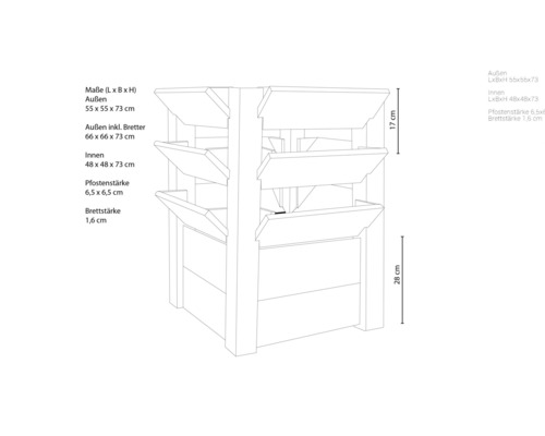 Technický nákres vyvýšeného záhona s rozmermi.