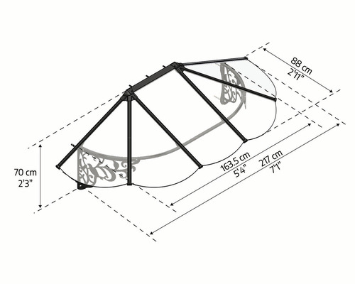 Rozmery striešky s výškou 70 cm, hĺbkou 88 cm a dĺžkou 217 cm