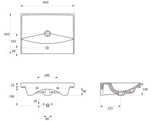 Technický nákres umývadla s rozmermi