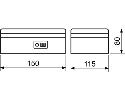 Rozmery pokladničky: 150 mm šírka, 115 mm hĺbka a 80 mm výška.